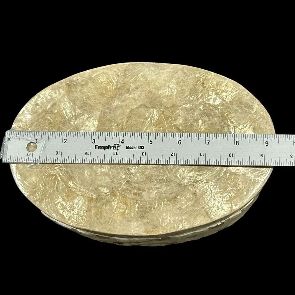 Vtg Unique Capiz Shell Oval Trinket Jewelry Makeup Box Nautical Beach Decor